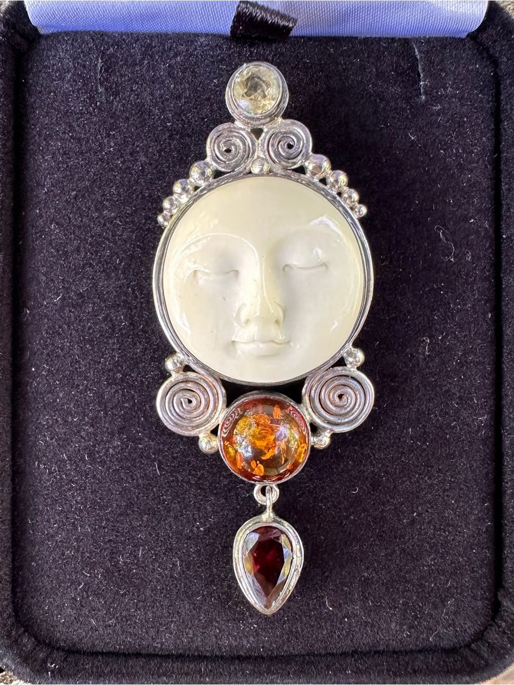 Sajen Carved Moon Face Pendant Brooch Goddess Sterling Silver Amber Garnet Topaz